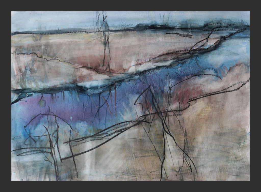 Flusslandschaft, 2015, Aquarell und Wachskreide, 50x70 cm